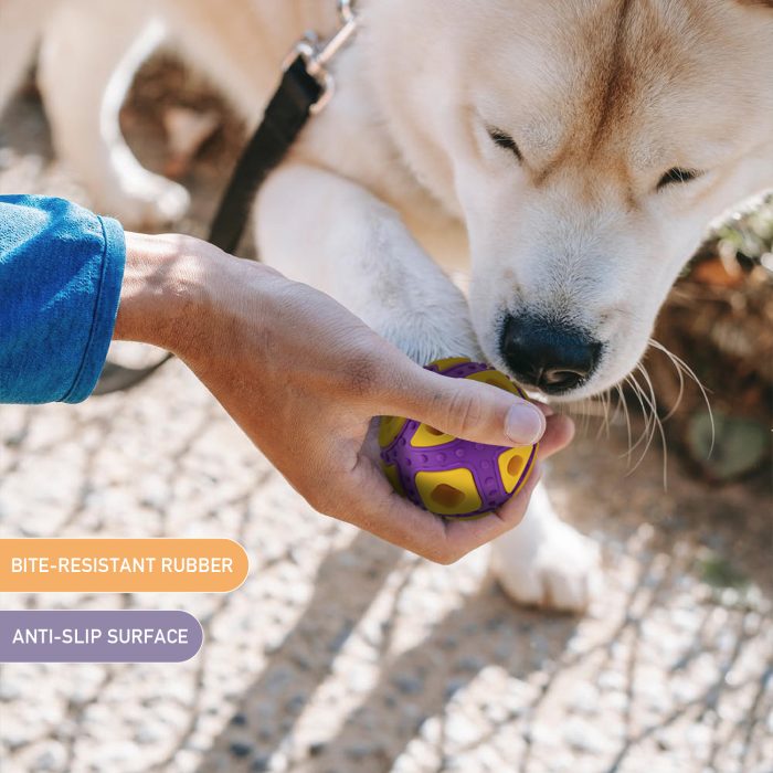 Dog Ball Toy, Jingle Bell Inside for Gift, Rubber Squeaky Toy, Interactive Smart Ball with Holes, Ideal for Puppies, Small, Medium and Blind Dogs, 2.5 Inch(Purple Yellow)