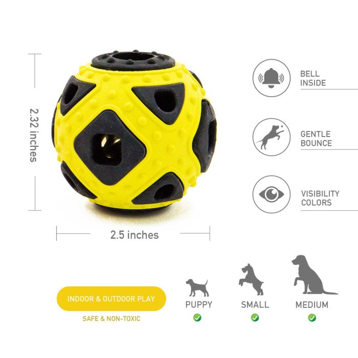 Dog Ball Toy, Jingle Bell Inside for Gift, Rubber Squeaky Toy, Interactive Smart Ball with Holes, Ideal for Puppies, Small, Medium and Blind Dogs, 2.5 Inch (Yellow Black)