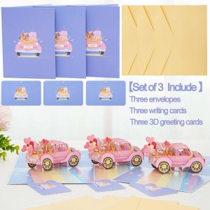 Love Car 3D Pop Up Valentine's Day Cards(Set of 3) for Her & Him, 5.9"x7.9" Large Size Festival Gifts for Couple Friends,Thanksgiving Wedding Greeting Cards for Husband & Wife and kids