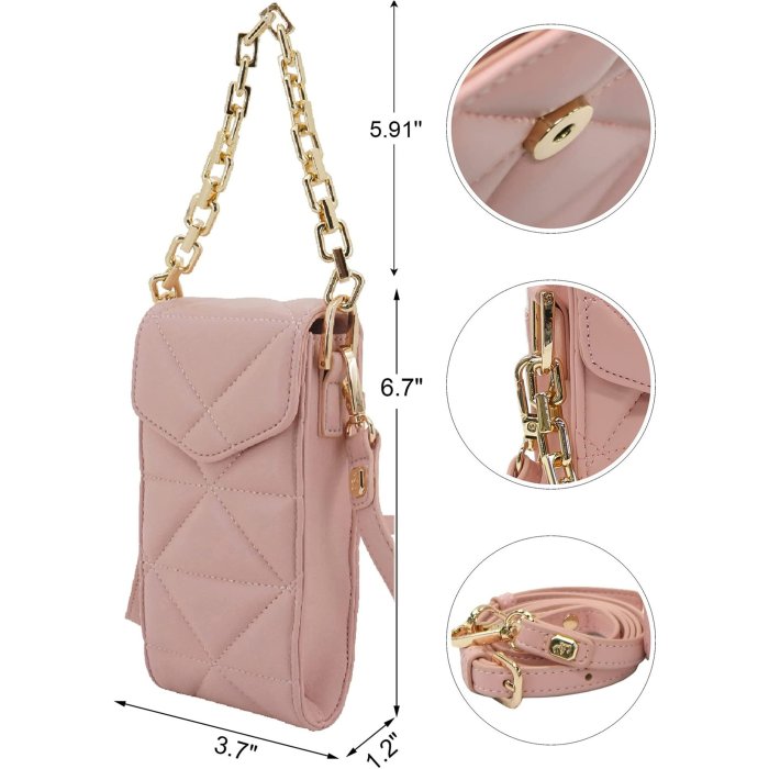 Quilted Purse for Women, Small Crossbody Cell Phone Purse, Chain Strap Shoulder Handbag Wallet (Pink)