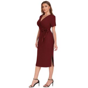 Wine Red-XL Women's Summer Bodycon Dress Ribbed Knit Short Sleeve Warp V Neck Split Pencil Midi Dresses