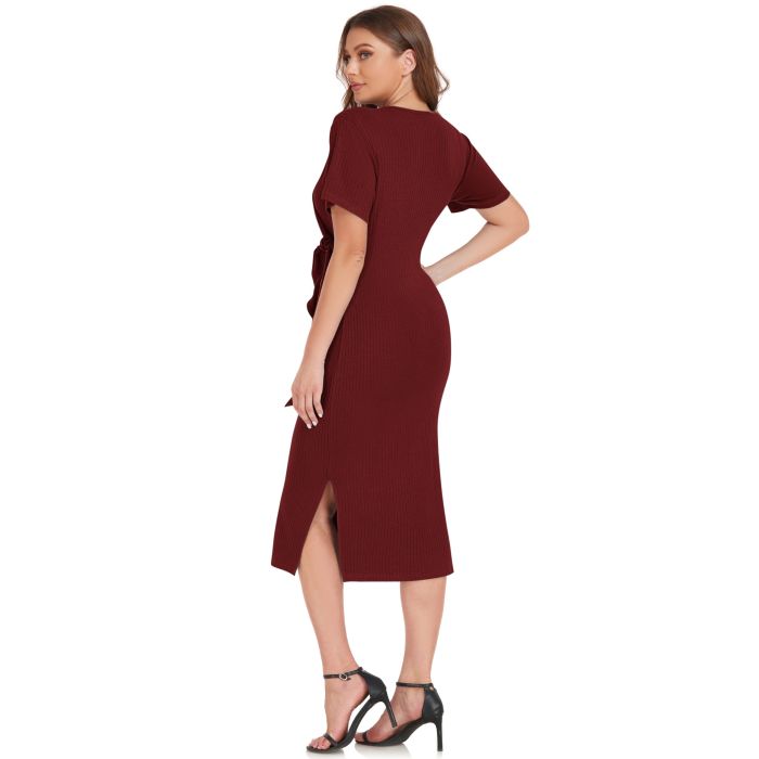 Wine Red-S- Women's Summer Bodycon Dress Ribbed Knit Short Sleeve Warp V Neck Split Pencil Midi Dresses